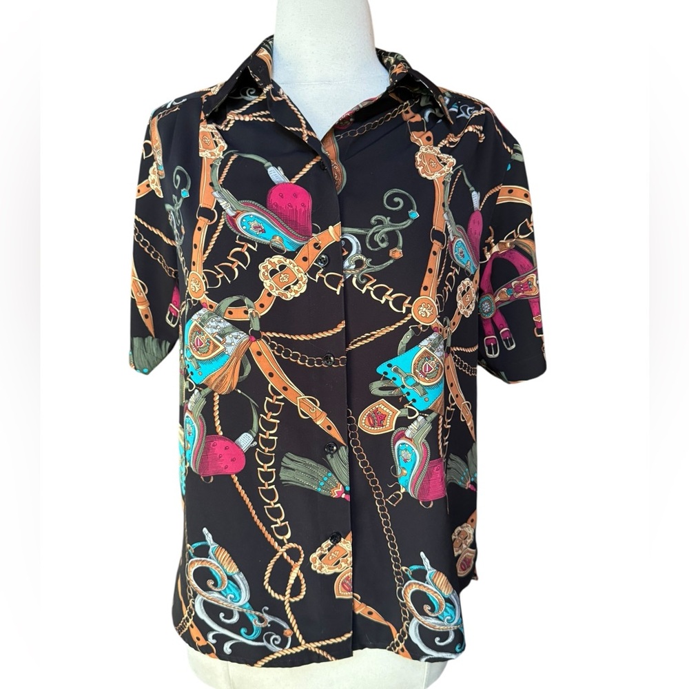1980s Alfred Dunner 100% Poly Black Button Down Blouse Featuring Equestrian-Them